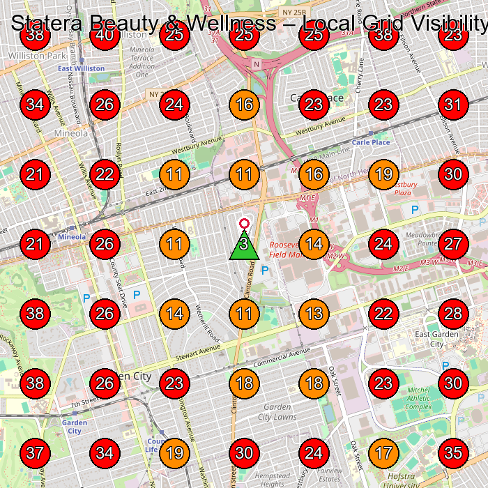 Statera Beauty & Wellness GeoGrid visibility map for Plastic Surgery Clinic in Mineola